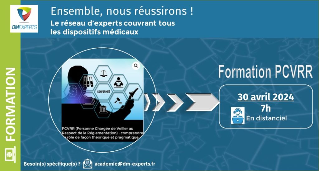 DMEXPERTS
Réseau d'experts senior dans le domaine des dispositifs médicaux, y compris de diagnostic in vitro.
Propose une formation à distance sur la fonction PCVRR ou PRRC. 
Veille- Formation - Conseil