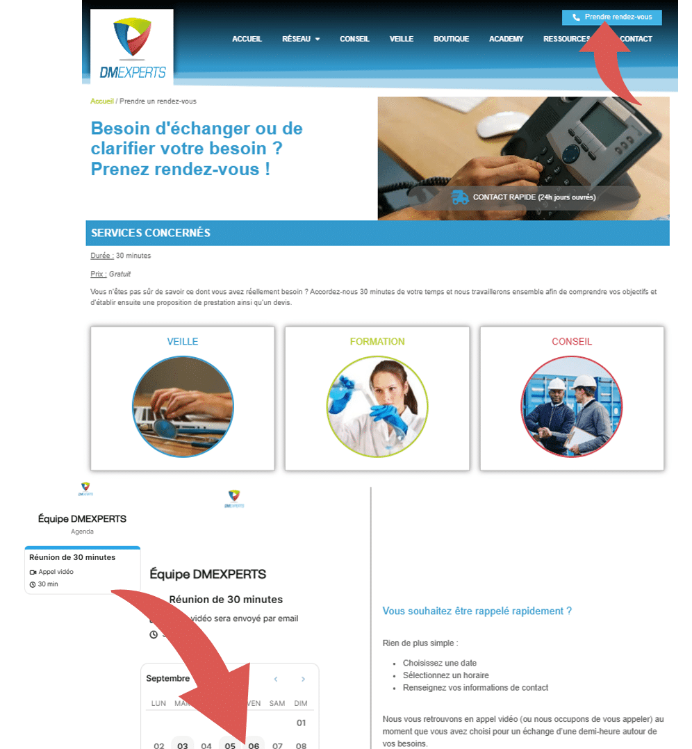 Comment trouver et utiliser la page de prise de rendez-vous du site dm-experts.fr