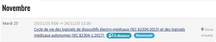 DMEXPERTS DM Experts
Dispositifs médicaux Dispositif médical Diagnostic in vitro
Réseau de consultants experts formateurs seniors
Veille Formation Conseil
Formation IEC 62304 + IEC 82304-1